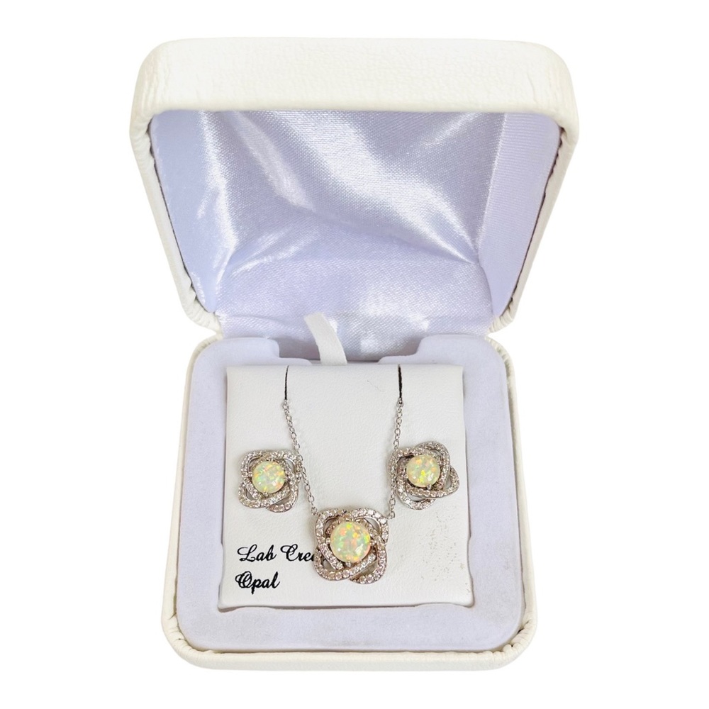Lab Created Opal CZ Sterling Silver Rhodium Plated Earrings Necklace Set